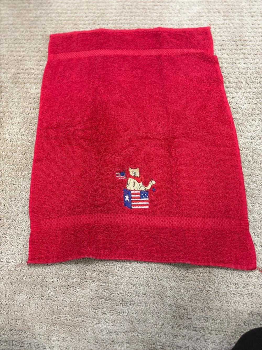 St Mary’s Red Hand Towel with Patriotic Cat Embroidery